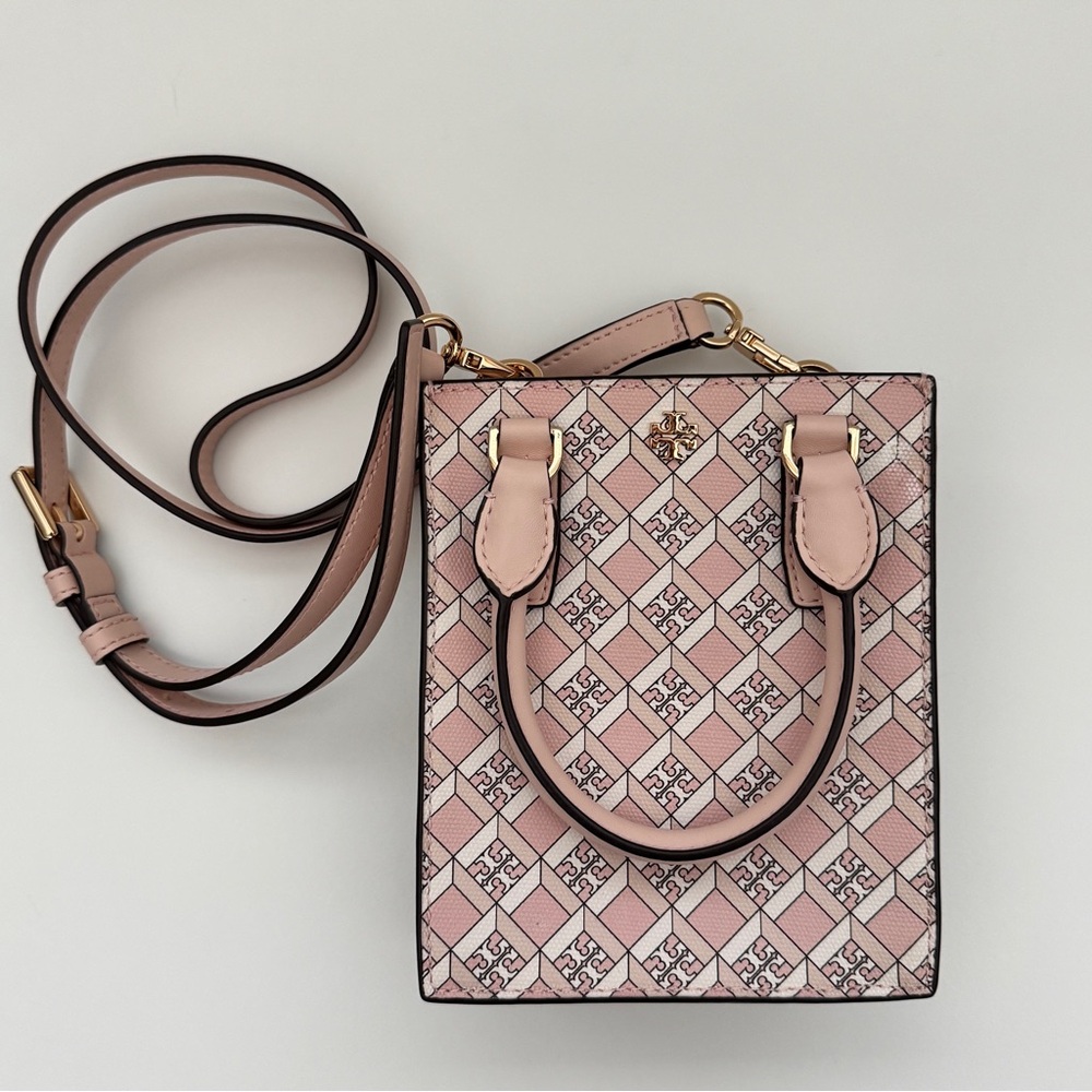 Tory Burch Pink Blush Geo Logo Pattern Mini Shopper Bag Crossbody Bag Purse